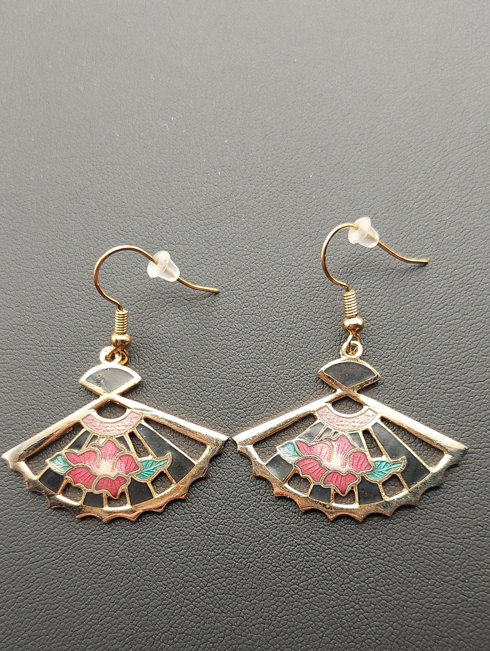 Cloisonne Goldtone Fan Enamel Drop Vintage Earrings EUC Cleaned